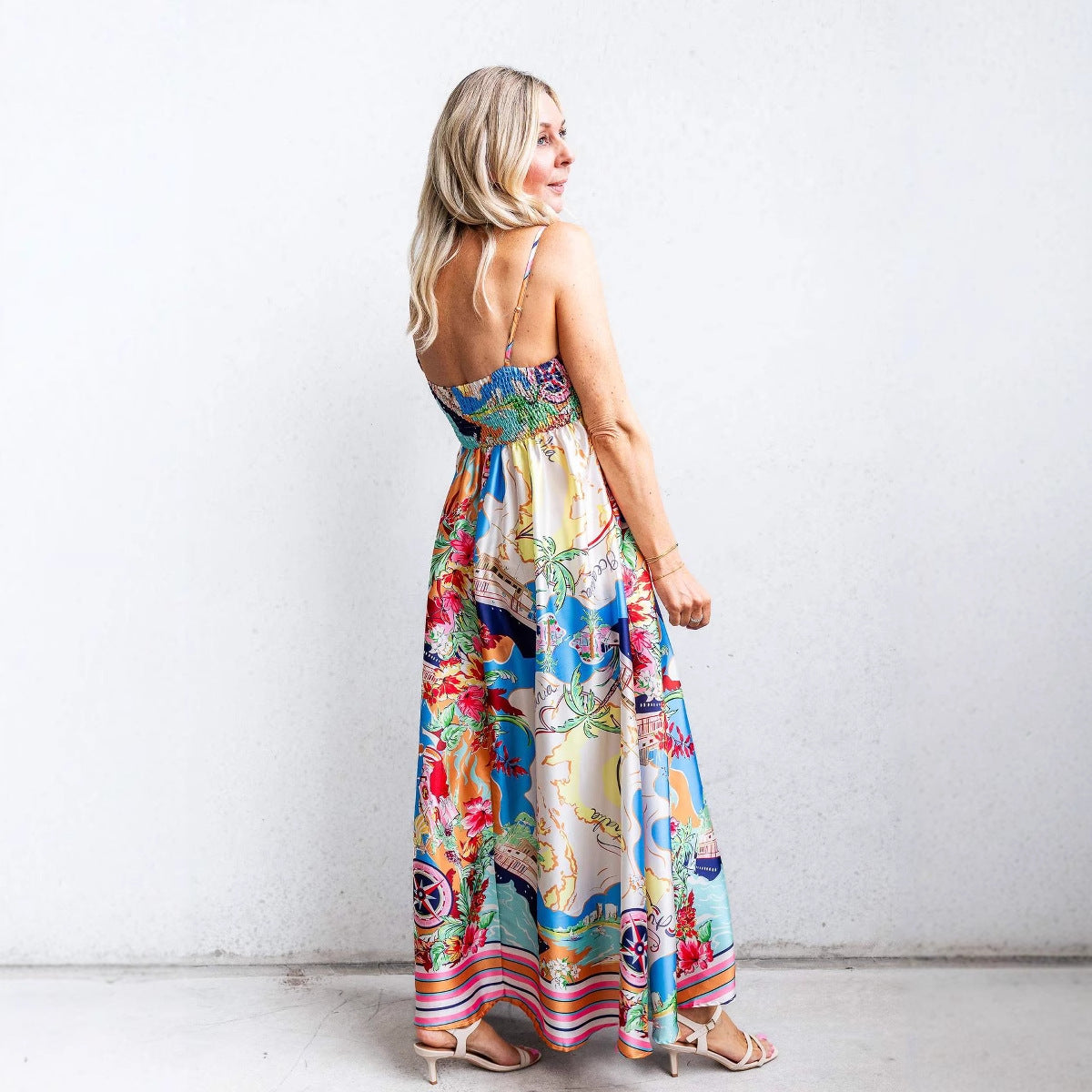 CM | Maxi Vestido de Mujer - Ajustado y Flare - Tirantes Espagueti - Atrevido Estampado Estilo Resort