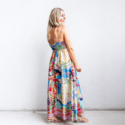 CM | Maxi Vestido de Mujer - Ajustado y Flare - Tirantes Espagueti - Atrevido Estampado Estilo Resort