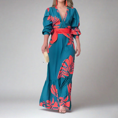 CM | maxi vestido de mujer - mangas abullonadas - cuello en V - cinturón en la cintura - estampado atrevido - tapeta de botones