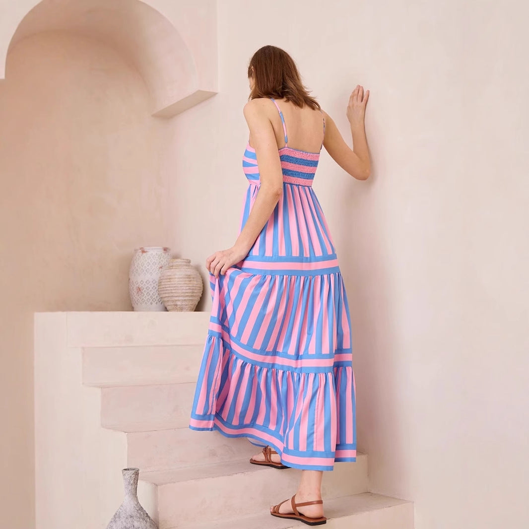 CM | Vestido de tirantes para mujer - Algodón ligero - Corte en A - Maxivestido de rayas