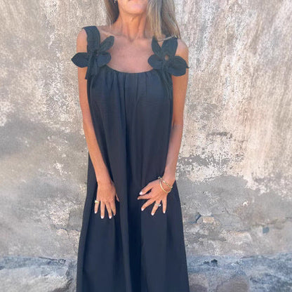 CM | Maxivestido de mujer - Corte relajado - Silueta fluida - Detalle floral en el hombro - Tejido suave