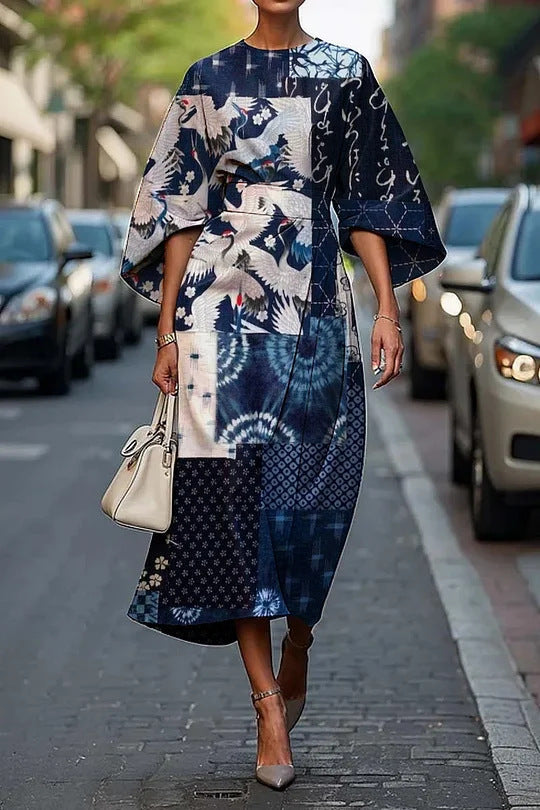 CM | Vestido midi mujer - línea A - mangas kimono - estampado floral