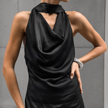 CM | Vestido midi de mujer con cuello haltern - Raso - Corte entallado - Escote drapeado - Traje formal