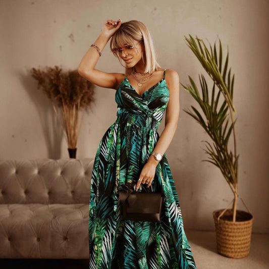 CM | maxi vestido de mujer - cruzado con cuello en V - estampado floral - tirantes ajustables - corte entallado
