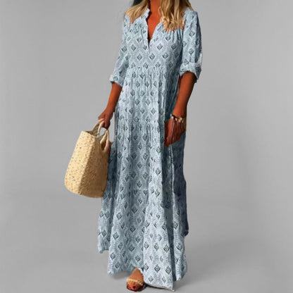 CM | maxi vestido de mujer - ligero - corte holgado - cuello en V - estampado vintage - mangas 3/4