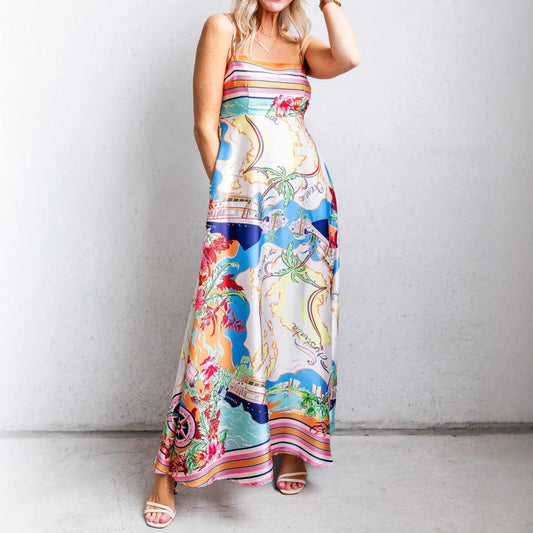 CM | Maxivestido de mujer - Gasa ligera - Corte vaporoso - Estampado - Tirantes finos