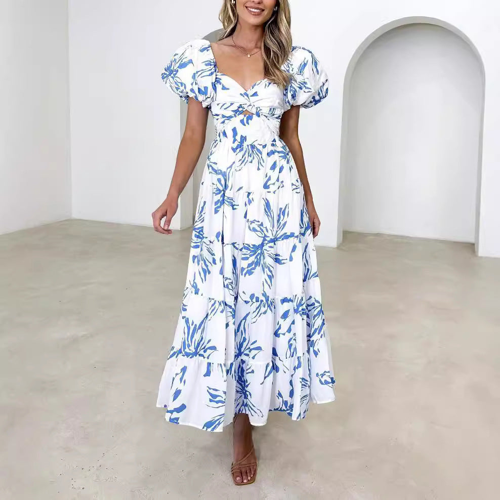 CM | Maxivestido de mujer - Algodón ligero - Mangas abullonadas - Pecho fruncido - Corte vaporoso