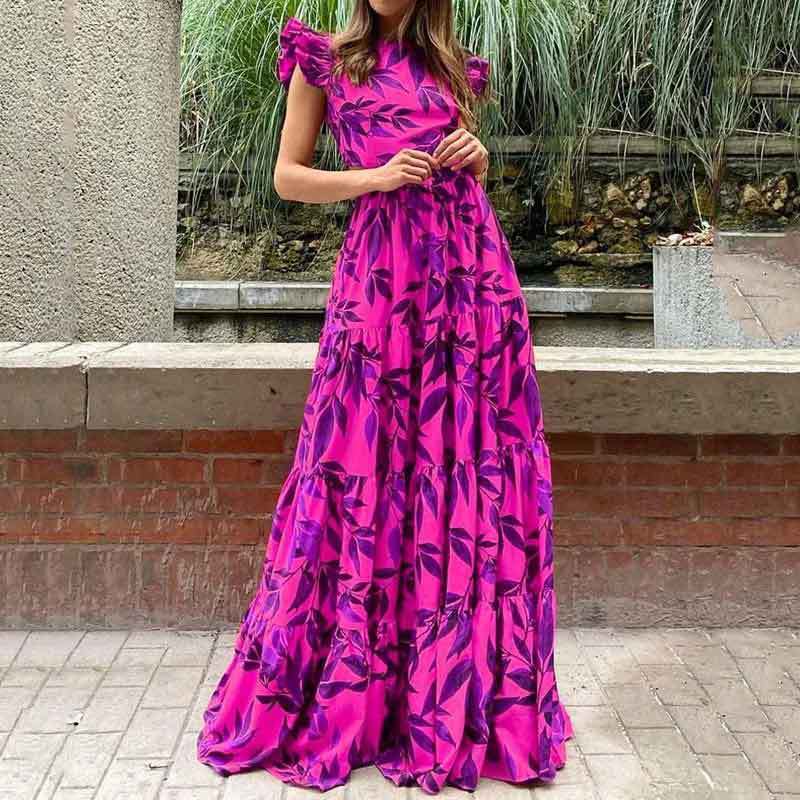 CM | Maxivestido de mujer - Ajustado y evasé - Mangas fruncidas - Falda con volantes - Atrevido estampado