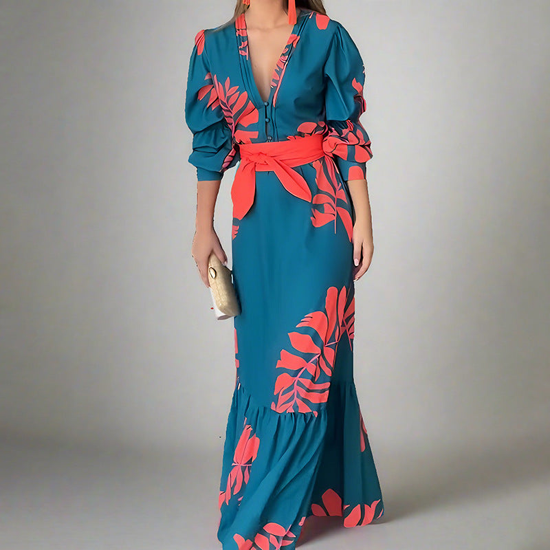 CM | maxi vestido de mujer - mangas abullonadas - cuello en V - cinturón en la cintura - estampado atrevido - tapeta de botones