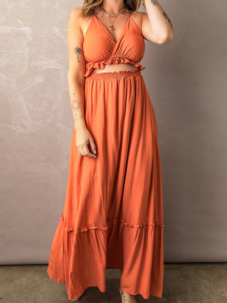 CM | maxi vestido con tirantes y escote de volantes