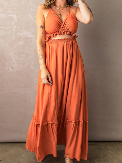 CM | maxi vestido con tirantes y escote de volantes