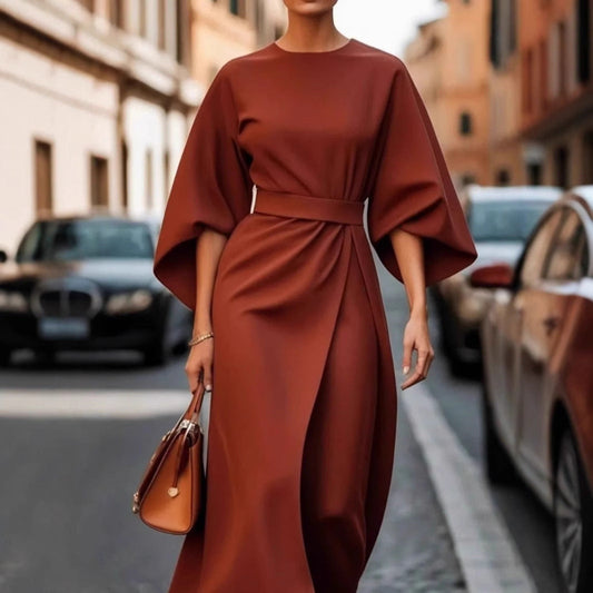 CM | Vestido largo para mujer - Tacto satinado - Mangas murciélago - Corte drapeado - Cinturón en la cintura