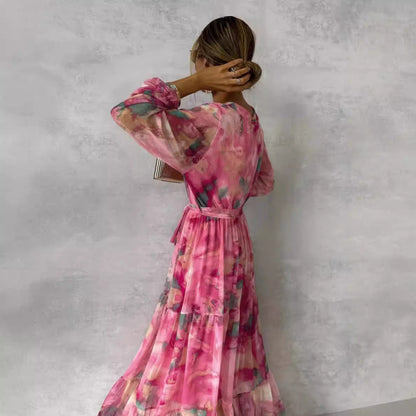 CM | Vestido largo para mujer - escote en V - cinturón en la cintura - falda con vuelo - mangas largas transparentes - corte en A