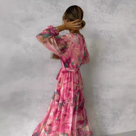 CM | Vestido largo para mujer - escote en V - cinturón en la cintura - falda con vuelo - mangas largas transparentes - corte en A