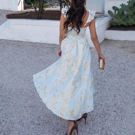 CM | Maxi Vestido de Mujer - Estampado Floral - Escote Corazón - Lazos - Algodón A-Line