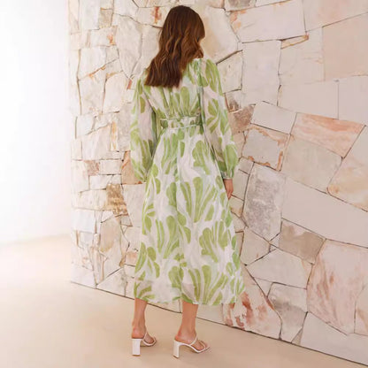 CM | Vestido largo para mujer - gasa - estampado floral - escote en V - corte holgado - mangas largas