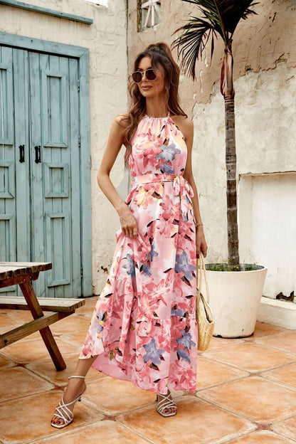 CM | Maxivestido de mujer - Mezcla ligera de algodón - Cuello halter - Falda con vuelo - Cintura ajustable