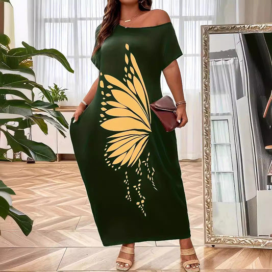 CM | Maxivestido de mujer - Sin hombros - Corte relajado - Tacto de jersey - Estampado de mariposas
