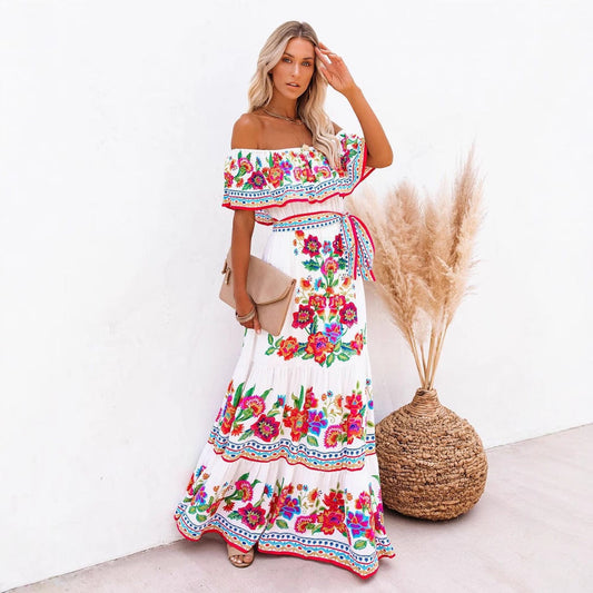 CM | maxi vestido de mujer - top con volantes off-the-shoulder - estampado floral - mezcla de algodón - ajuste con cinturón