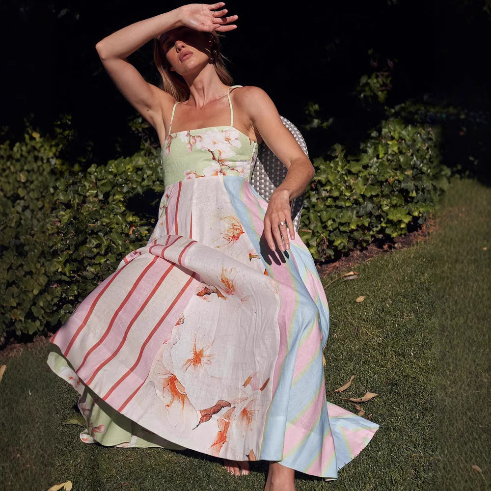 CM | Maxivestido de mujer - Algodón ligero - Corte vaporoso - Tirantes finos - Estampado artístico