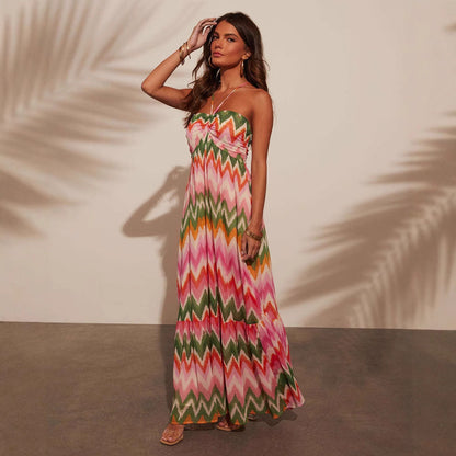 CM | maxi vestido de mujer - cuello halterneck - falda a capas - estampado zigzag - corte fluido