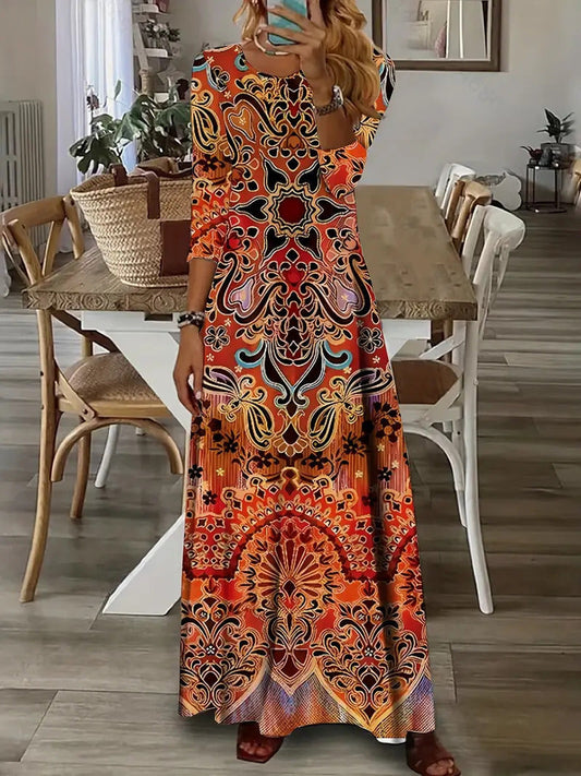 CM | Maxivestido de mujer - Cuello en pico - Mangas largas - Estampado con adornos - Corte relajado - Largo hasta los tobillos