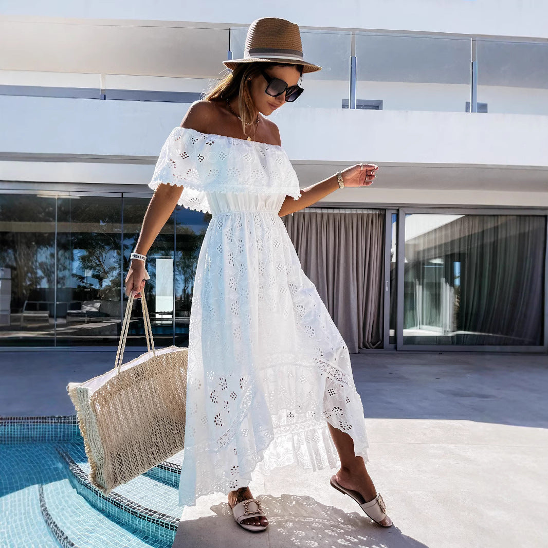 CM | maxi vestido de mujer - off-the-shoulder - detalle de encaje - cintura con cordones - mezcla de algodón fluido