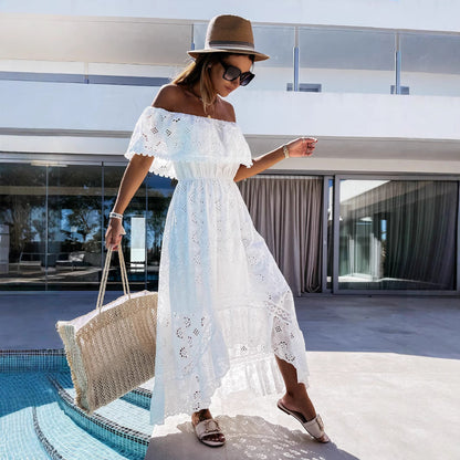 CM | maxi vestido de mujer - off-the-shoulder - detalle de encaje - cintura con cordones - mezcla de algodón fluido