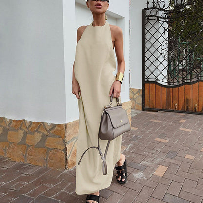 CM | Maxi Vestido Halter Mujer - mezcla de algodón y lino - corte holgado - diseño fluido y minimalista