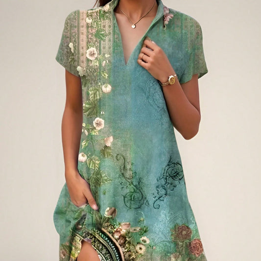 CM | Vestido largo de mujer - estampado bohemio - mezcla de algodón - corte holgado - mangas cortas