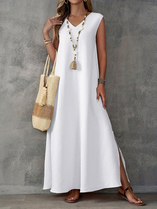 CM | Maxivestido de mujer - Mezcla de algodón - Corte vaporoso - Cuello de pico - Sin mangas - Aberturas laterales