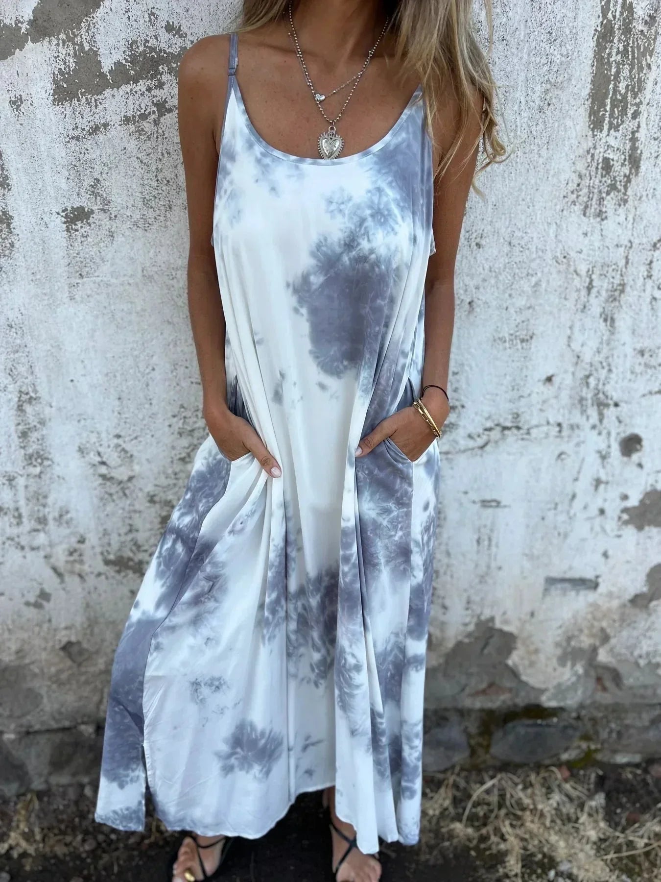 CM | Maxivestido de mujer - Corte relajado - Fibras naturales - Tirantes ajustables - Bolsillos - Estampado animal