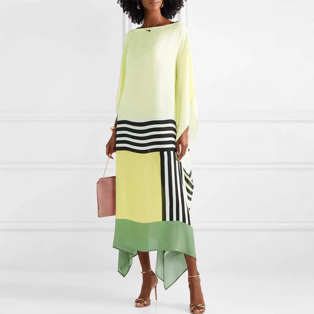 CM | Vestido maxi de mujer - un hombro - corte holgado - dobladillo asimétrico - inserciones de rayas