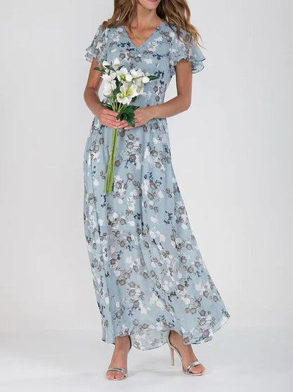 CM | Mangas con volantes Cuello en V maxi vestido de gasa floral
