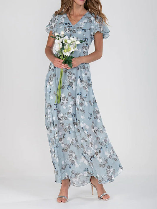CM | Mangas con volantes Cuello en V maxi vestido de gasa floral