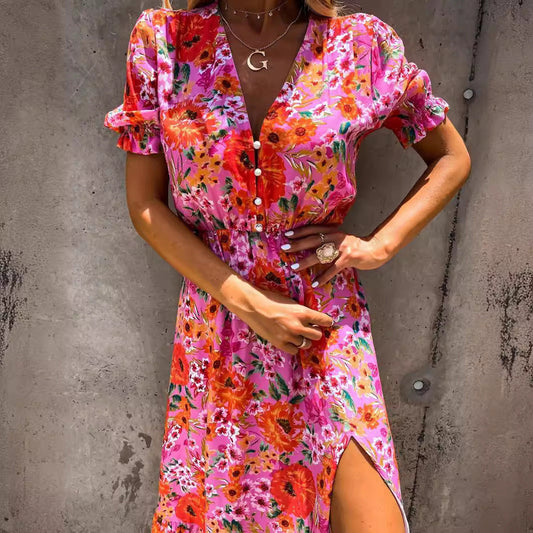 CM | Maxi vestido de mujer - Cintura alta - Cuello en V - Mangas cortas - Estampado floral - Abertura lateral