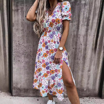 CM | Maxi vestido de mujer - Cintura alta - Cuello en V - Mangas cortas - Estampado floral - Abertura lateral