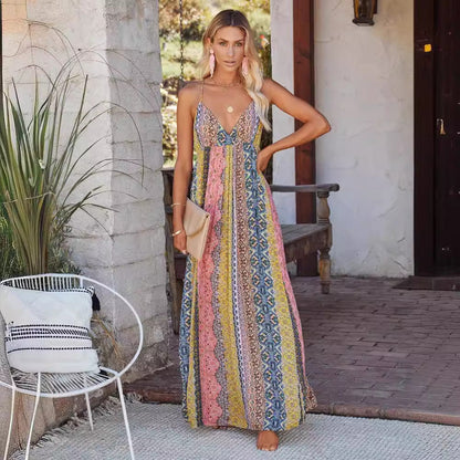 CM | Maxivestido de mujer - Mezcla de algodón - Corte holgado - Cuello de pico - Espalda descubierta - Estampado