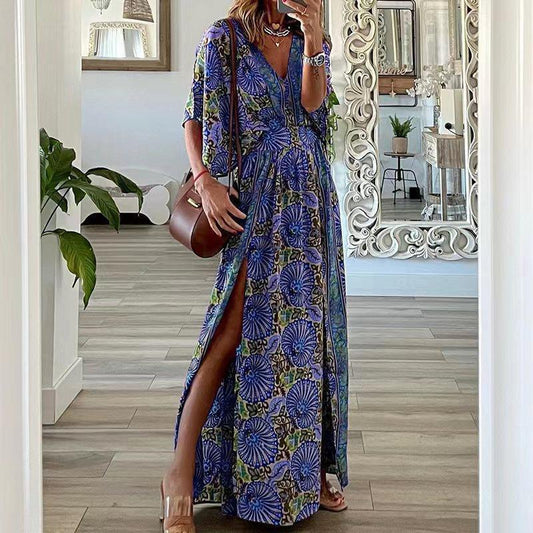 CM | Vestido largo para mujer - Estampado bohemio - Cuello en V - Mangas cortas - Corte relajado - Abertura lateral