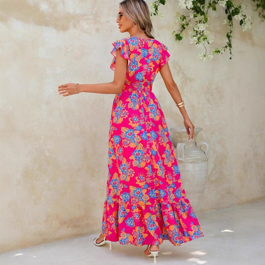 CM | maxi vestido de mujer - sin mangas - cuello en V - estampado floral - dobladillo en capas - corte holgado