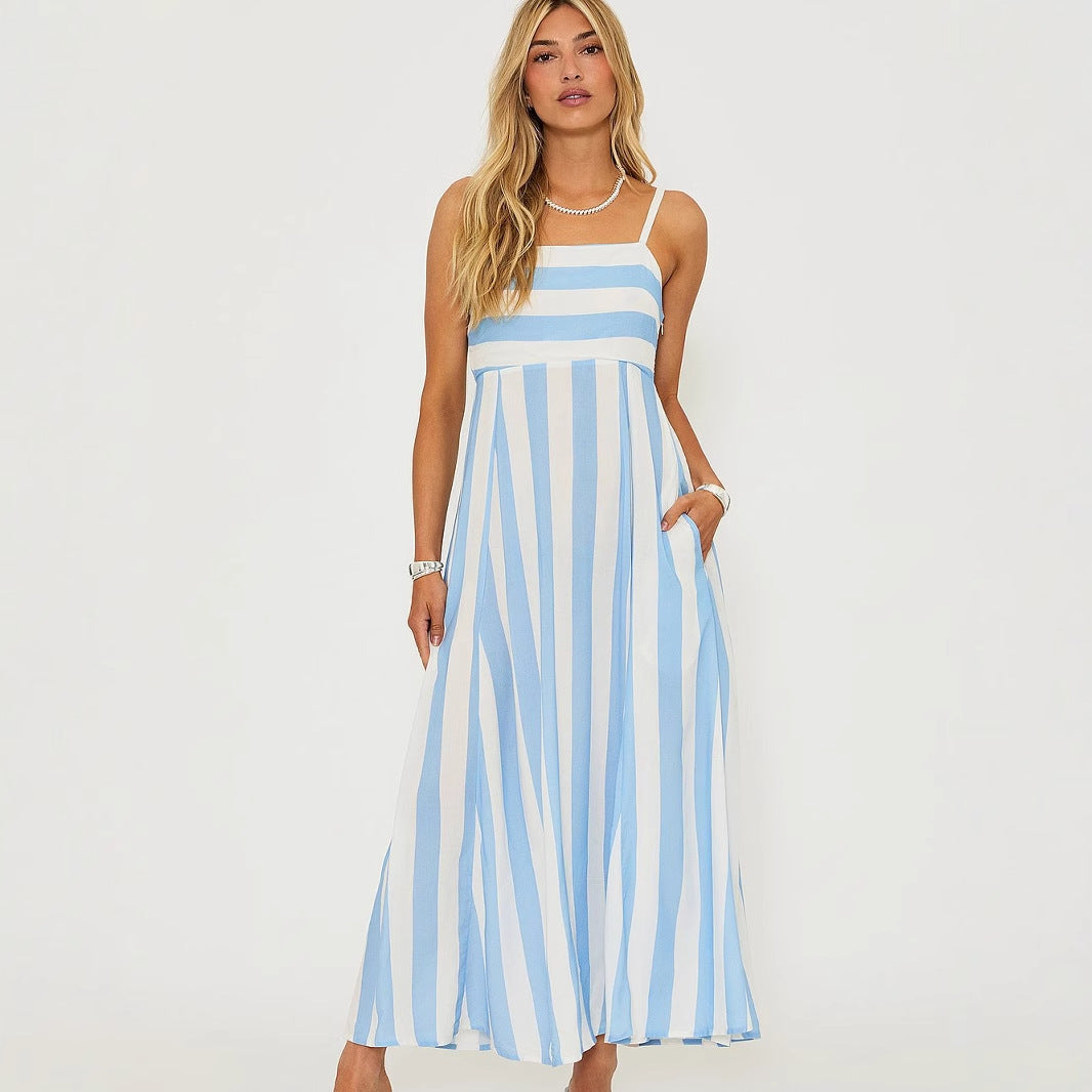 CM | Vestido largo para mujer - Línea A - Escote cuadrado - Rayas verticales - Tejido de algodón