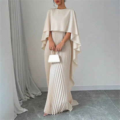 CM | Maxivestido de mujer - Escote alto - Mangas murciélago - Falda plisada - Corte vaporoso