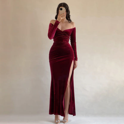 CM | Vestido largo para mujer - Terciopelo - Bodycon fit - Fuera del hombro - Cruzado sobre el busto - Abertura alta