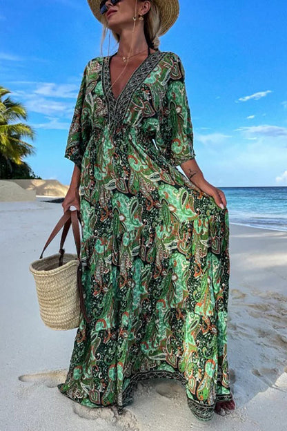 CM | maxi vestido manga murciélago con cuello en V y estampado paisley