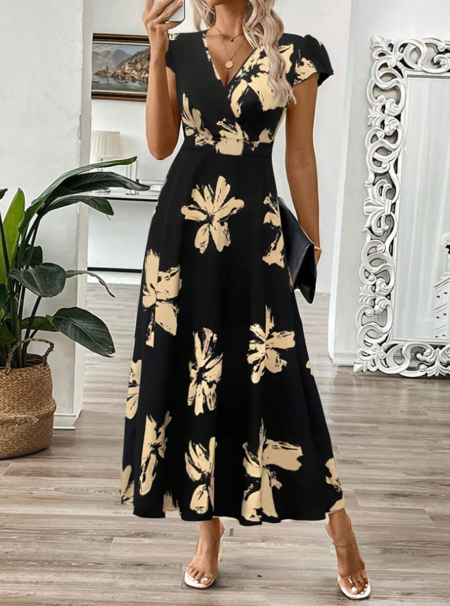 CM | maxi vestido de mujer - corpiño envolvente con cuello en V - estampado floral - corte acampanado - mangas casquillo