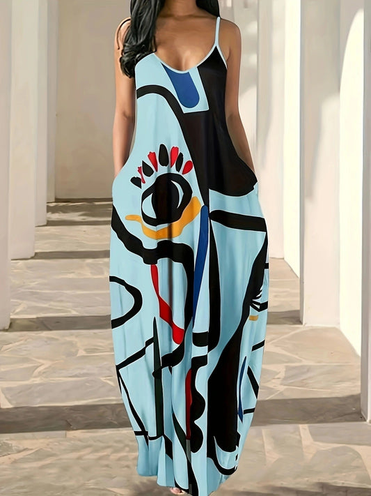 CM | Maxivestido de mujer - Estampado abstracto - Tirantes finos - Corte holgado - Mezcla de algodón