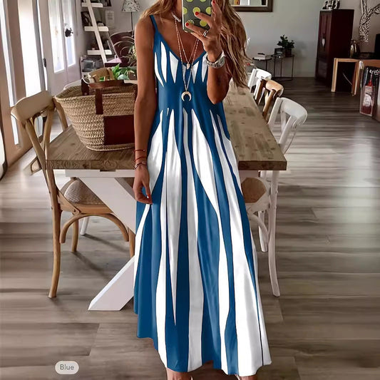 CM | Maxivestido de mujer - Cuello de pico - Rayas verticales - Tirantes ajustables - Corte fluido en forma de A - Mezcla de algodón