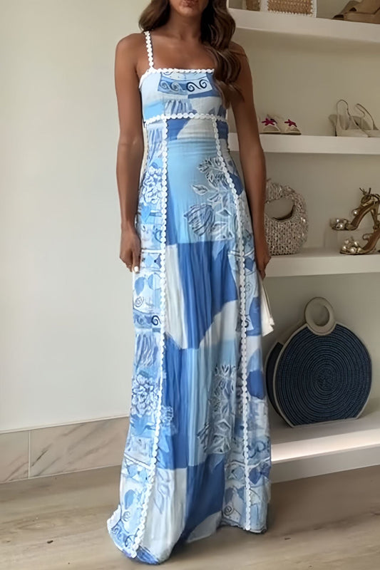 CM | Maxivestido de mujer - Corte en A - Mezcla de algodón - Ribete de encaje - Estampado floral boho
