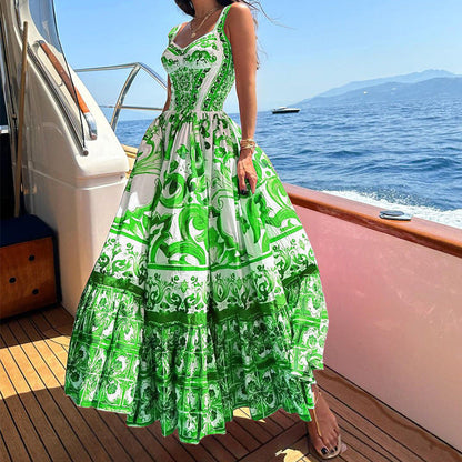 CM | maxi vestido de mujer - top entallado - falda con vuelo - mezcla transpirable - diseño estampado