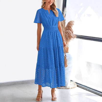 CM | Vestido largo para mujer - Encaje bordado - Cuello en V - Cintura elástica - Mangas cortas fluidas